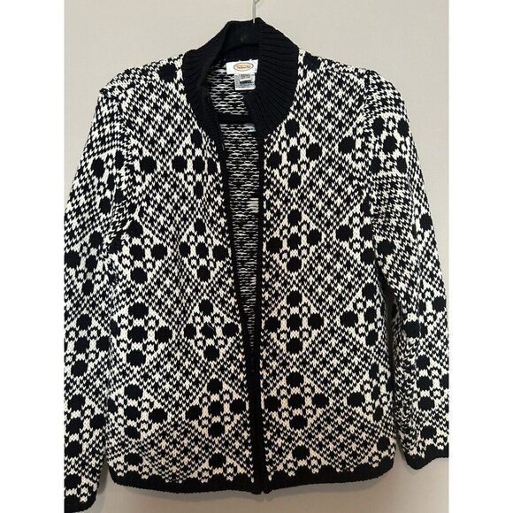 Talbots Cardigan Women Medium Black White Fair Isle Zip Up 100% Cotton Sweater - Picture 3 of 7